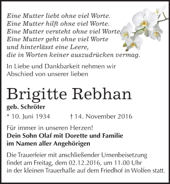 Traueranzeige von Brigitte Rebhan von Mitteldeutsche Zeitung Bitterfeld