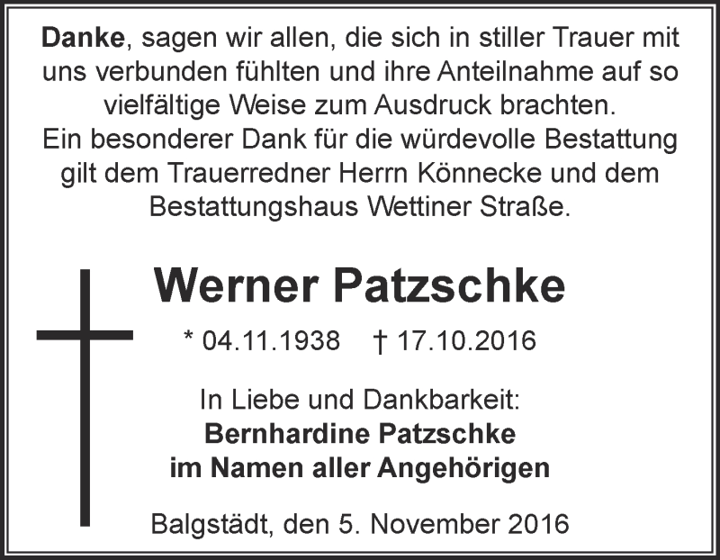  Traueranzeige für Werner Patzschke vom 16.11.2016 aus WVG - Wochenspiegel NMB / WSF / ZTZ