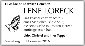 Traueranzeige von Lene Loreck von Mitteldeutsche Zeitung Merseburg/Querfurt