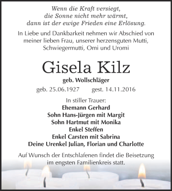 Traueranzeige von Gisela Kilz von WVG - Wochenspiegel Wittenberg