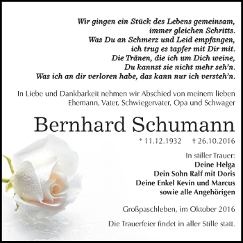 Traueranzeige von Bernhard Schumann von WVG - Wochenspiegel Dessau / Köthen