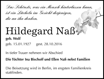 Traueranzeige von Hildegard Naß von Mitteldeutsche Zeitung Halle/Saalkreis