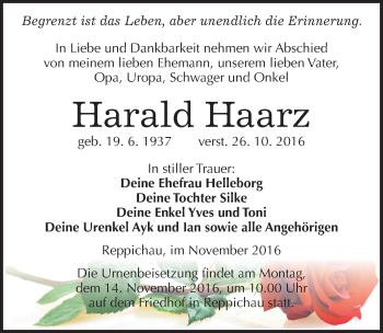 Traueranzeige von Harald Haarz von Mitteldeutsche Zeitung Köthen