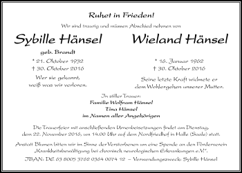 Traueranzeige von Sybille HanselWieland Hansel von Mitteldeutsche Zeitung Halle/Saalkreis