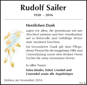Traueranzeige von Rudolf Sailer von Mitteldeutsche Zeitung Weißenfels