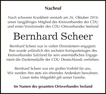 Traueranzeige von Bernhard Scheer von Super Sonntag Aschersleben