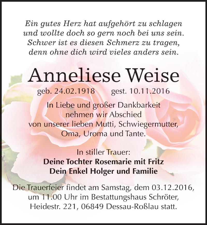  Traueranzeige für Anneliese Weise vom 26.11.2016 aus Mitteldeutsche Zeitung Dessau-Roßlau