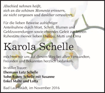 Traueranzeige von Karola Schelle von WVG - Wochenspiegel Merseburg