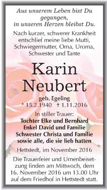 Traueranzeige von Karin Neubert von Mitteldeutsche Zeitung Mansfelder Land