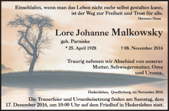 Traueranzeige von Lore Johanne Malkowsky von WVG - Wochenspiegel Quedlinburg