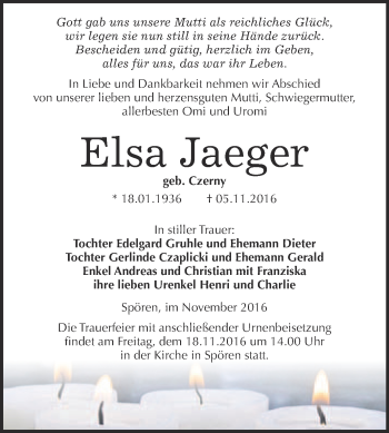 Traueranzeige von Elsa Jaeger von WVG - Wochenspiegel Bitterfeld