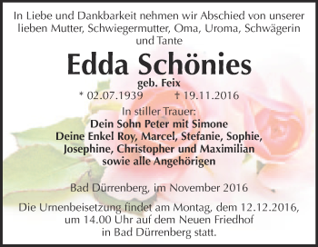 Traueranzeige von Edda Schönies von Super Sonntag Merseburg