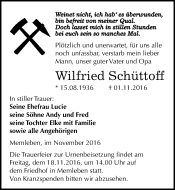 Traueranzeige von Wilfried Schüttoff von Mitteldeutsche Zeitung Naumburg/Nebra