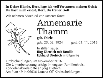 Traueranzeige von Annemarie Thamm von Mitteldeutsche Zeitung Naumburg/Nebra