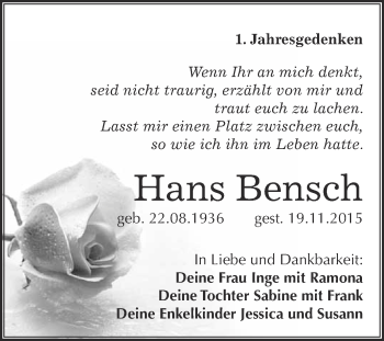 Traueranzeige von Hans Bensch von Super Sonntag Wittenberg