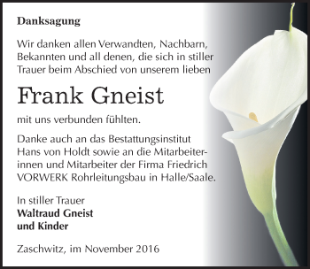 Traueranzeige von Frank Gneist von Mitteldeutsche Zeitung Halle/Saalkreis