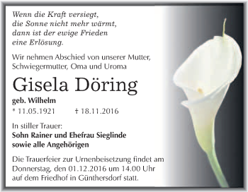 Traueranzeige von Gisela Döring von WVG - Wochenspiegel Merseburg