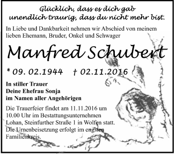 Traueranzeige von Manfred Schubert von WVG - Wochenspiegel Bitterfeld
