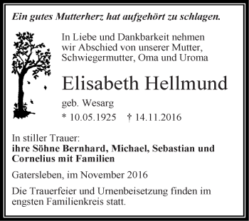 Traueranzeige von Elisabeth Hellmund von Super Sonntag Aschersleben