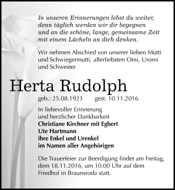 Traueranzeige von Herta Rudolph von Mitteldeutsche Zeitung Naumburg/Nebra