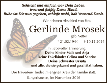 Traueranzeige von Gerlinde Mrosek von Super Sonntag SGH Mansf. Land