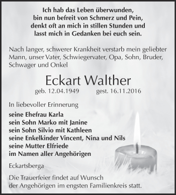 Traueranzeige von Eckart Walther von WVG - Wochenspiegel NMB / WSF / ZTZ