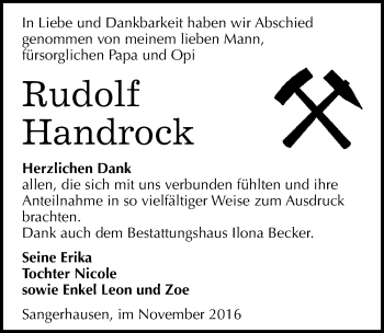 Traueranzeige von Rudolf Handrock von Mitteldeutsche Zeitung Sangerhausen