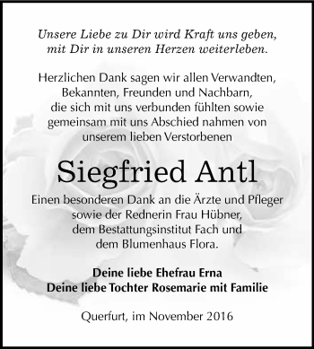 Traueranzeige von Siegfried Antl von WVG - Wochenspiegel Merseburg