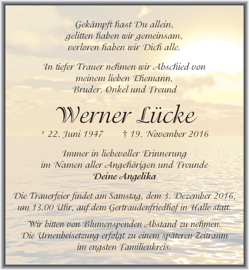  Traueranzeige für Werner Lücke vom 26.11.2016 aus Mitteldeutsche Zeitung Halle/Saalkreis