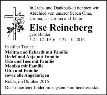 Traueranzeige von Else Reineberg von Super Sonntag SGH Mansf. Land