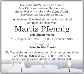 Traueranzeige von Marlis Pfennig von WVG - Wochenspiegel Bitterfeld