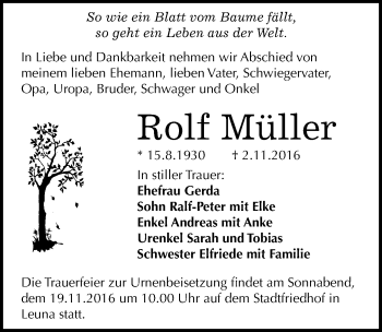 Traueranzeige von Rolf Müller von Mitteldeutsche Zeitung Merseburg/Querfurt