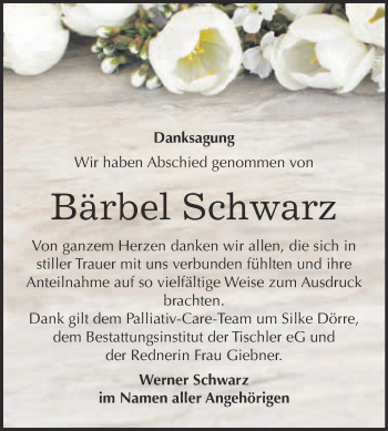 Traueranzeige von Bärbel Schwarz von WVG - Wochenspiegel Wittenberg