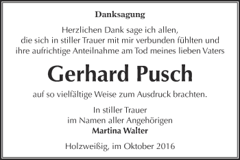 Traueranzeige von Gerhard Pusch von WVG - Wochenspiegel Bitterfeld
