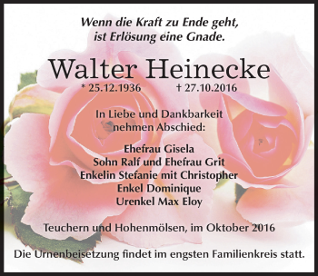 Traueranzeige von Walter Heinecke von Mitteldeutsche Zeitung Weißenfels