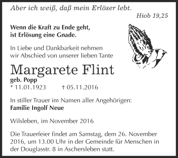 Traueranzeige von Margarete Flint von Super Sonntag Aschersleben