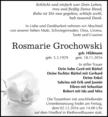 Traueranzeige von Rosmarie Grochowski von Mitteldeutsche Zeitung Sangerhausen