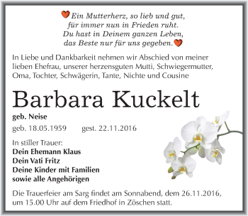 Traueranzeige von Barbara Kuckelt von Mitteldeutsche Zeitung Merseburg/Querfurt