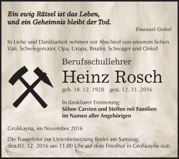 Traueranzeige von Heinz Rosch von WVG - Wochenspiegel Merseburg