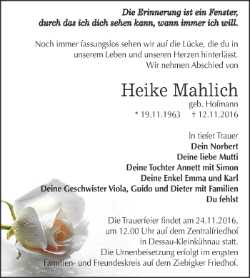 Traueranzeige von Heike Mahlich von WVG - Wochenspiegel Dessau / Köthen