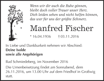 Traueranzeige von Manfred Fischer von WVG - Wochenspiegel Wittenberg
