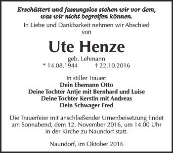 Traueranzeige von Ute Henze von WVG - Wochenspiegel Wittenberg
