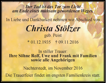 Traueranzeige von Christa Stölzer von Super Sonntag Aschersleben