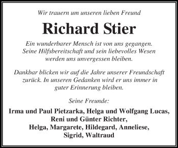 Traueranzeige von Richard Stier von WVG - Wochenspiegel Dessau / Köthen
