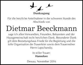 Traueranzeige von Dietmar Beeckmann von WVG - Wochenspiegel Dessau / Köthen