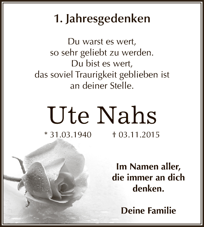  Traueranzeige für Ute Nahs vom 05.11.2016 aus WVG - Wochenspiegel Dessau / Köthen