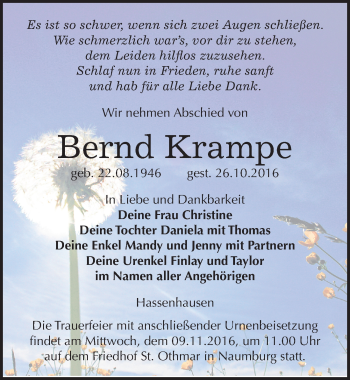 Traueranzeige von Bernd Krampe von Mitteldeutsche Zeitung Naumburg/Nebra