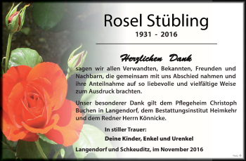 Traueranzeige von Rosel Stübling von WVG - Wochenspiegel NMB / WSF / ZTZ