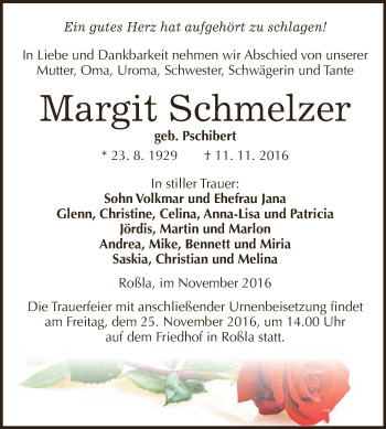 Traueranzeige von Margit Schmelzer von Super Sonntag SGH Mansf. Land