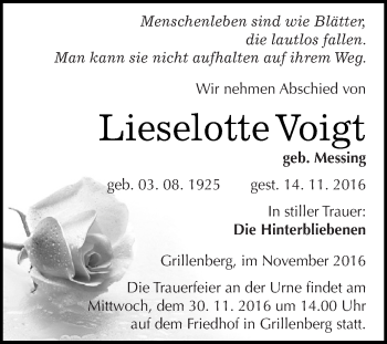 Traueranzeige von Lieselotte Voigt von Super Sonntag SGH Mansf. Land